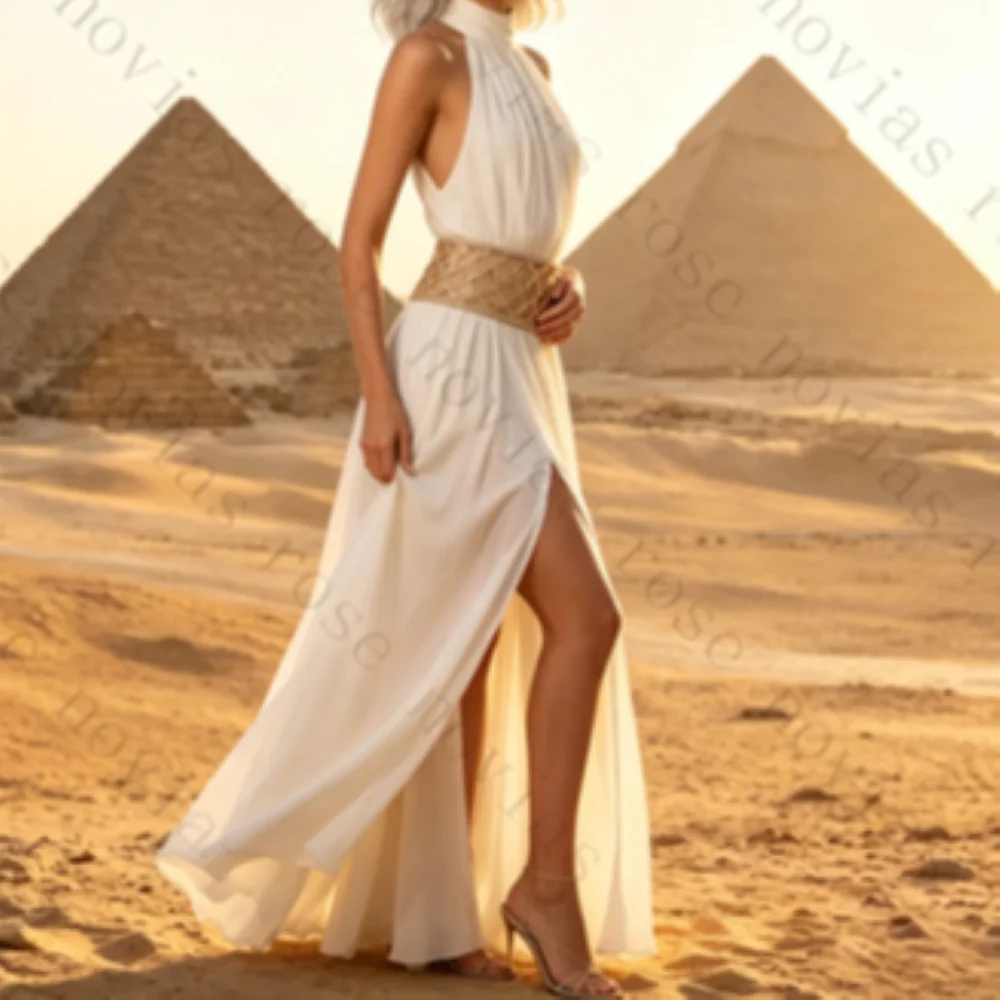Customized Halter High Neck Chiffon Wedding Gowns Bohemian Ruched Bodice Beaded Waist High Slit Long Style Bridal Dresses