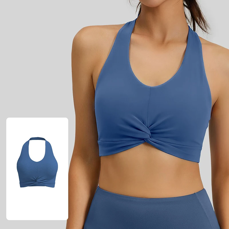 New Women Halter Neck Sports Bra with Removable Pads Comfortable Breathable Push Up Versatile Yoga Bra for Gym Pilates Running