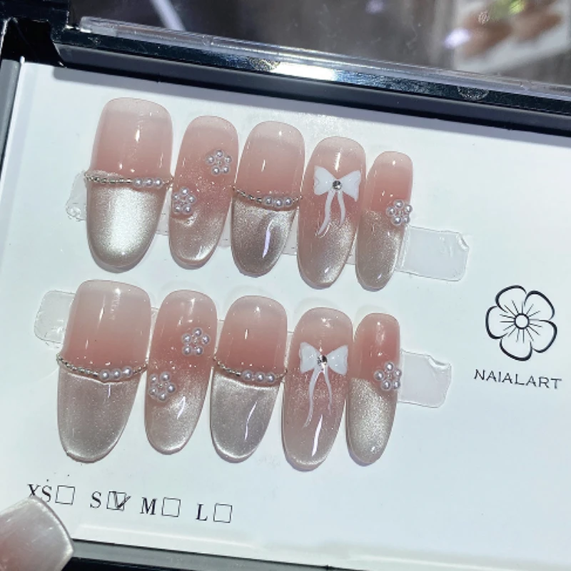10PCS Light Luxury Cat Eye Medium Oval Handmade Press on Nails Sweet Cream Pink Bowknot French Fake Nails for Loving Girls Patch