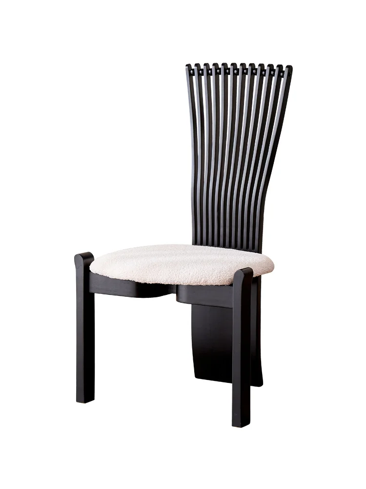 Medieval dining chair household black simple fan backrest French light luxury retro solid wood chair