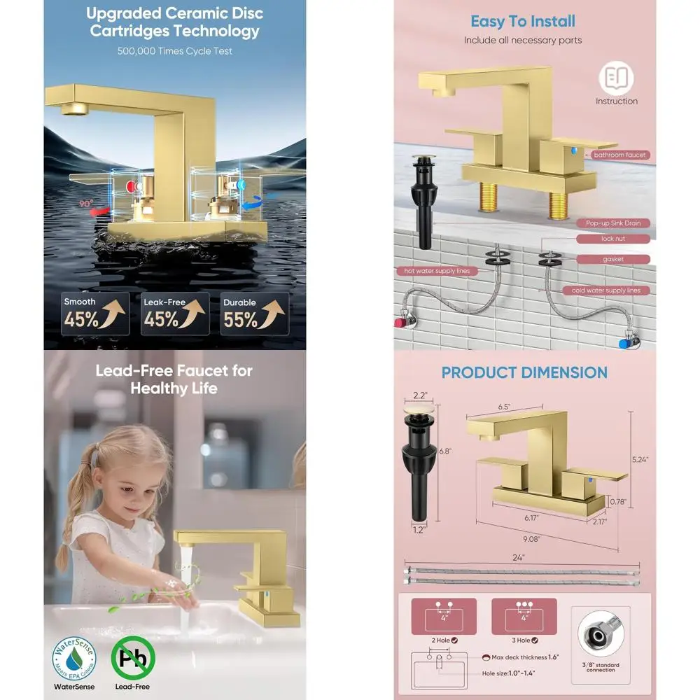 

3-Hole Brushed Gold Square Centerset Sink Faucet with Pop-Up Drain, 4 Centers, 2 Handles, 2 Hoses, Lead-Free Stainless Steel for