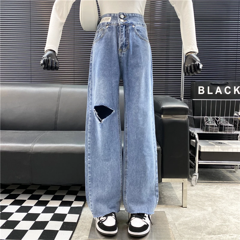 New Brand Original Design Sagging Hole Loose And Elegant Floor Mops Trousers 2022 High Waist Slim And Versatile Wide Leg Jeans