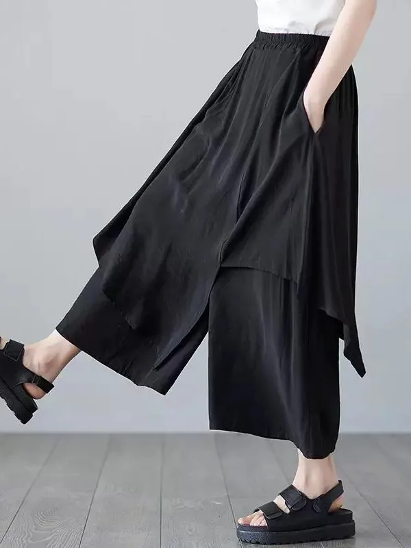 Casual Loose Wide Leg Pants Women's Spring Summer Thin Black Ice Silk Loose Slimming Drapey Seven-Foot Skirt Pants