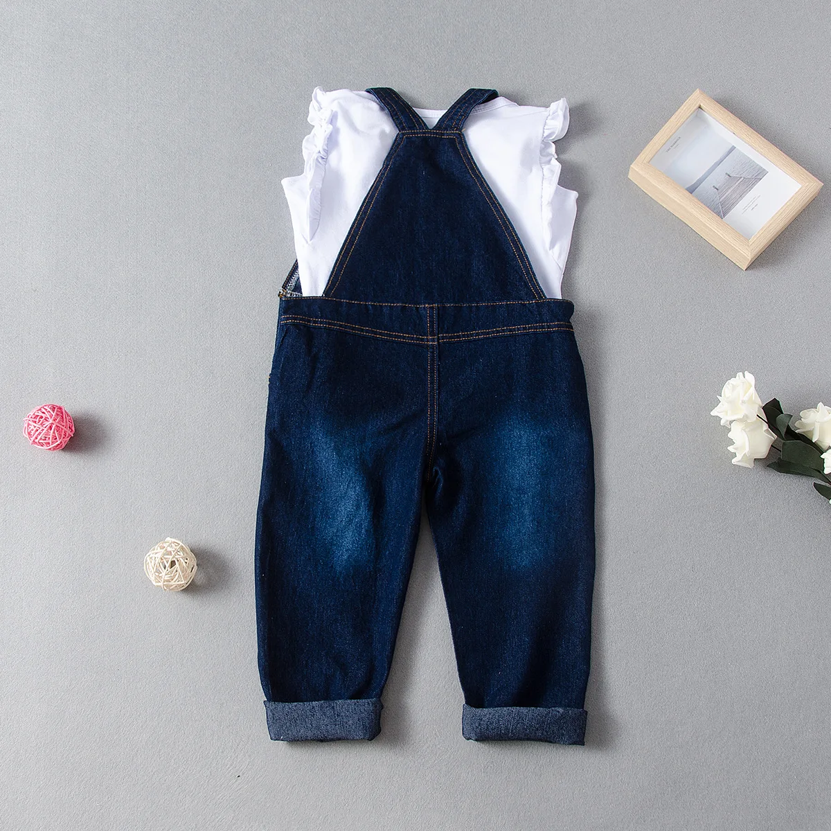 Fashionable Girl Set with White Cotton Lace Patchwork Fly Sleeved T-shirt and Denim Suspender Pants for Outdoor Use