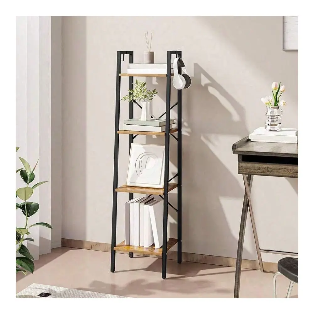 

5Tier Ladder Shelf, Bookshelf Bookcase, Freestanding Corner Storage Shelve With 2 Hooks Home Office, Living Room, Kitchen, Bedr