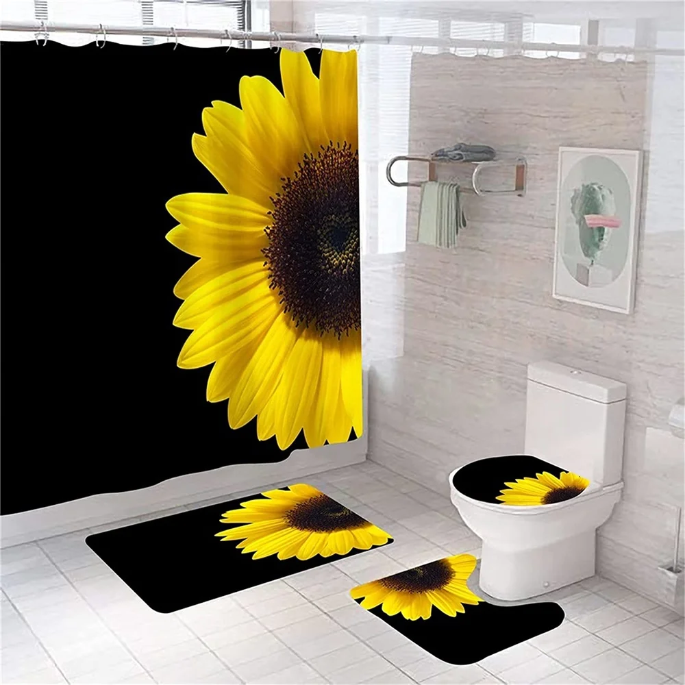 Magic Sunflower Butterfly Shower Curtain Sets, Black, Yellow Art, Country Flower, Bathroom Decor, Bath Mats, Rug Toilet Cover