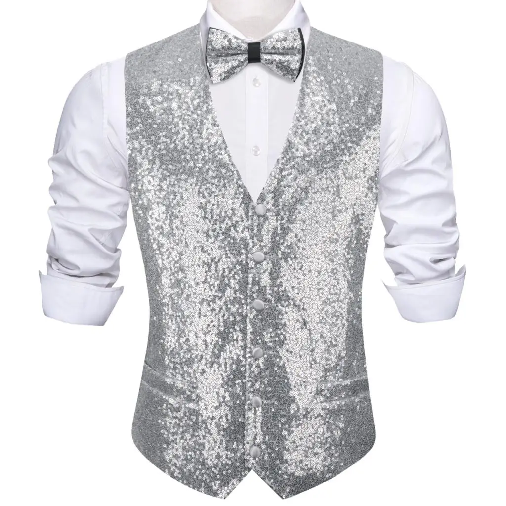 Luxury Vest for Men Silk Shine Silver Solid Plain Waistcoat Bowtie Set Wedding Party Formal Sleeveless Jacket Barry Wang