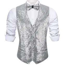 Luxury Vest for Men Silk Shine Silver Solid Plain Waistcoat Bowtie Set Wedding Party Formal Sleeveless Jacket Barry Wang