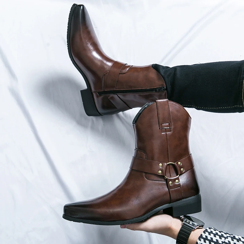 Botines vaqueros de charol a la moda de diseñador para hombre, camisetas altas sin cordones para hombre, zapatos planos que combinan con todo para todos los días