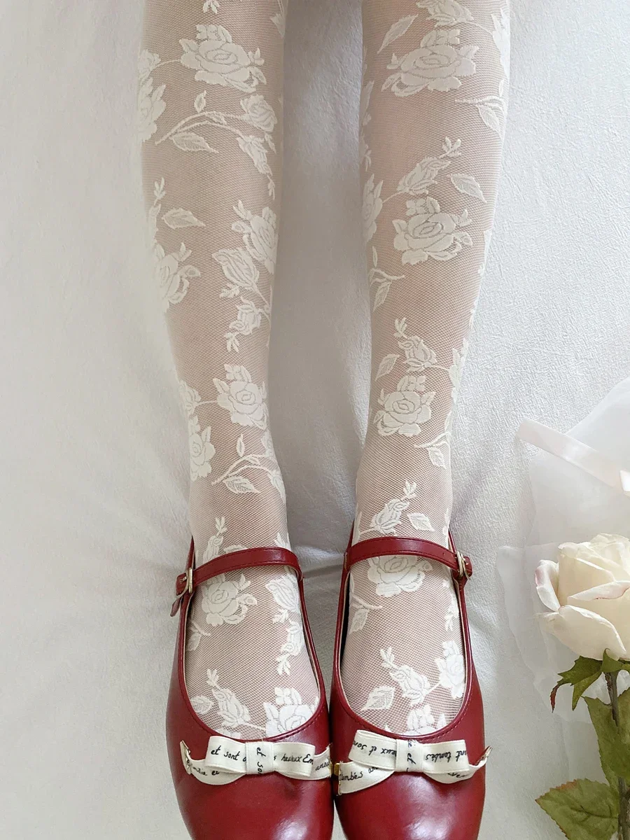 French Style Floral Tights Thin Sweet Rose Lace Retro White Socks Aesthetics Pantyhose Women Black Gray All Matching