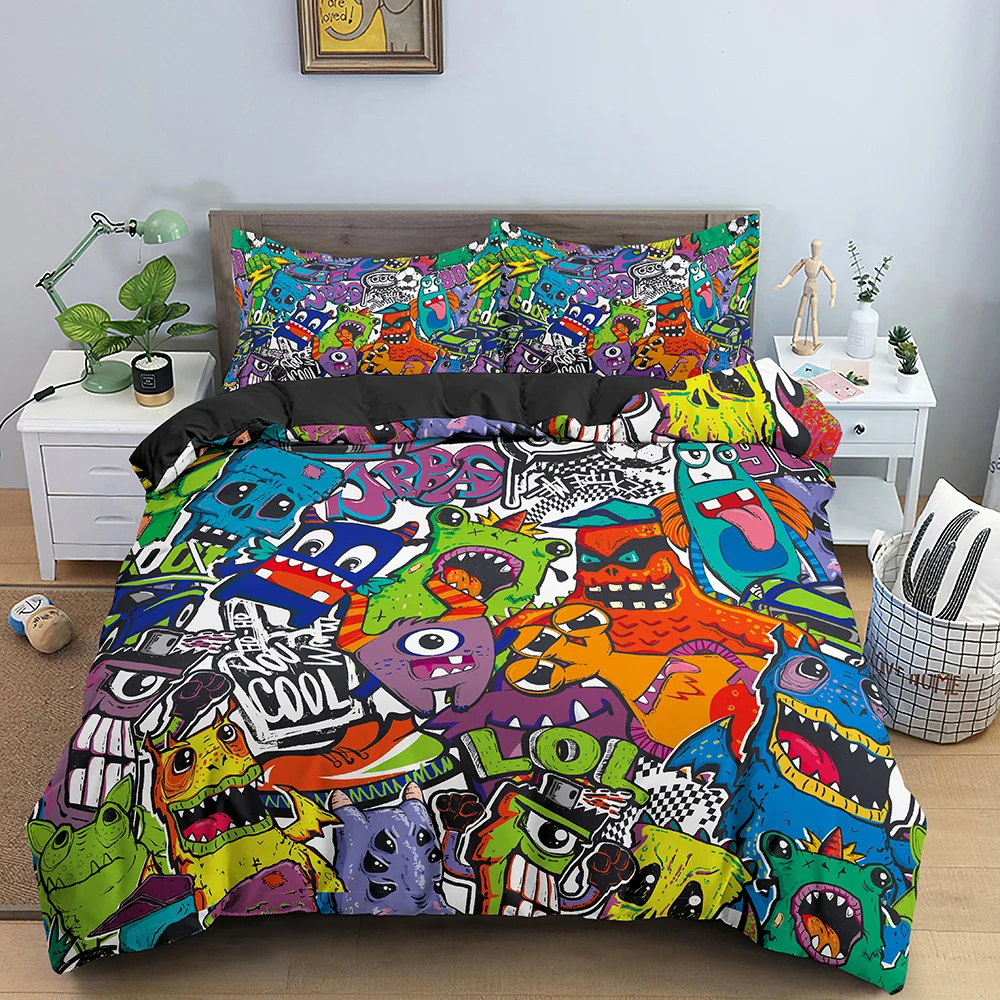 Graffiti Bedding Set Graphic Duvet Cover Teens Adult Hip Hop Hippie Comforter Cover Wall Urban Street Art Polyester Quilt Cover