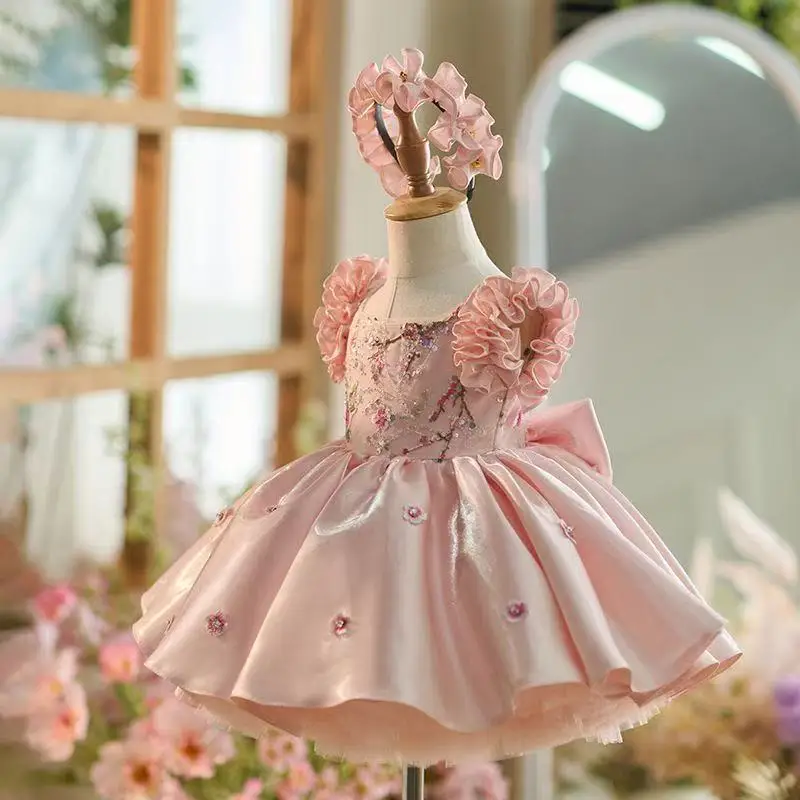 فستان جديد لعيد الميلاد لعام 2026 بفيونكة للأميرة للفتيات الصغيرات بأكمام منتفخة وردية لأداء البيانو فستان الاحتفال بعمر سنة واحدة #2