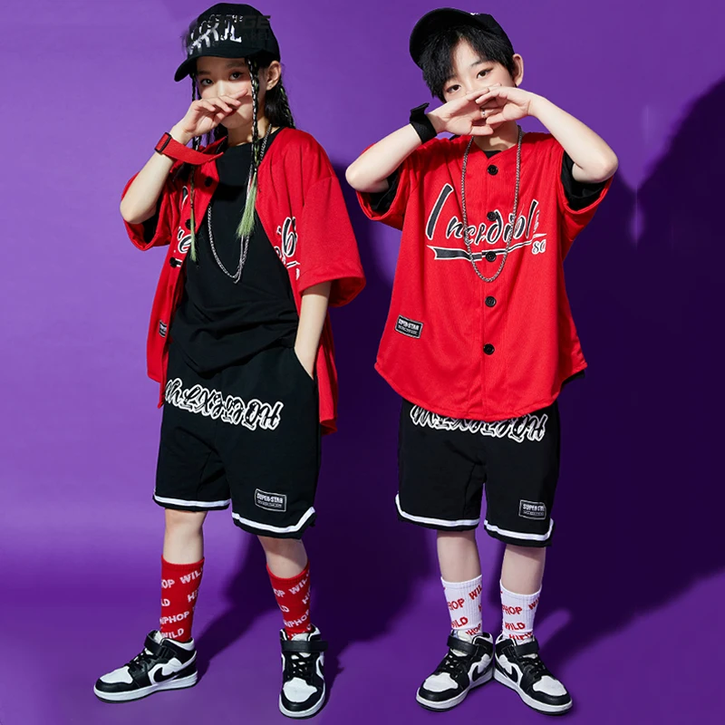 Boys Street Dnace ClothingHip Hop Performance Costume Girls Jazz Modern Dance Clothes Children Short Sleeves Shirt Shorts BL8201