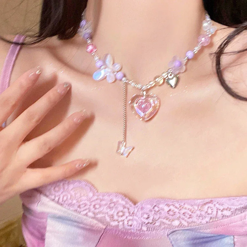 Kpop Goth Y2K Heart Butterfly Pendant Choker Colorful Necklace Clavicle Chain for Women Girl Punk Sweet Aesthetic Jewelry Party