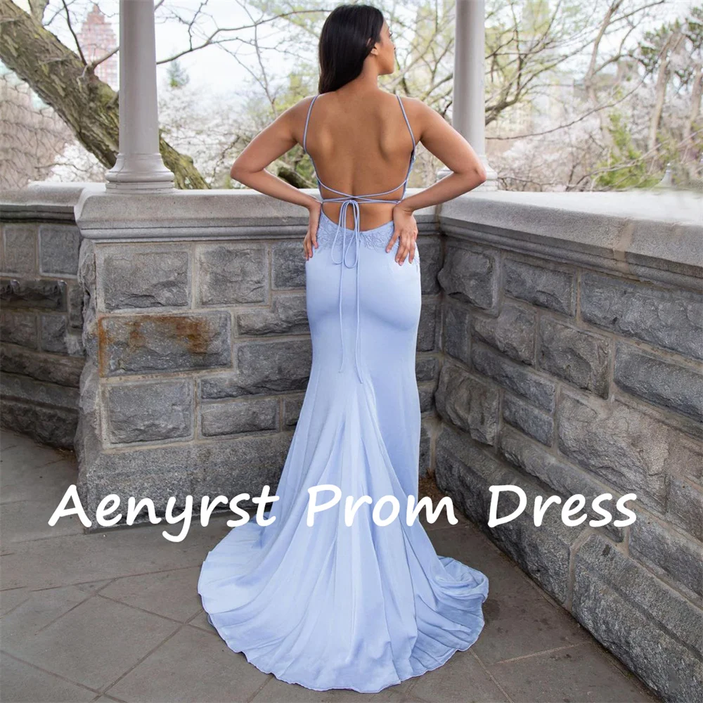 Aenyrst-vestido de noche de sirena con tirantes finos, traje sencillo con escote en V y espalda descubierta para fiesta de graduación, color azul