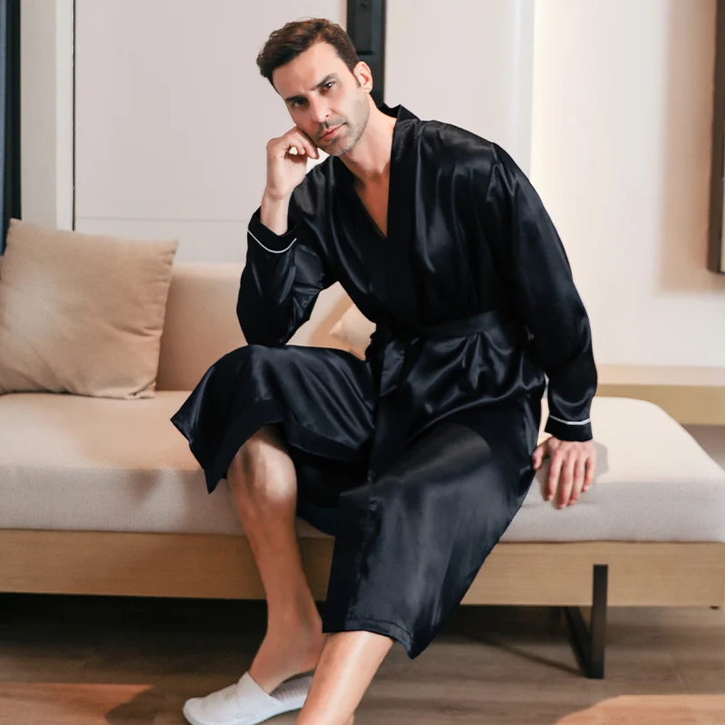 Pajama men\'s spring and autumn silk thin style oversized pajamas long sleeved bathrobes ice silk bathrobes home clothing summer