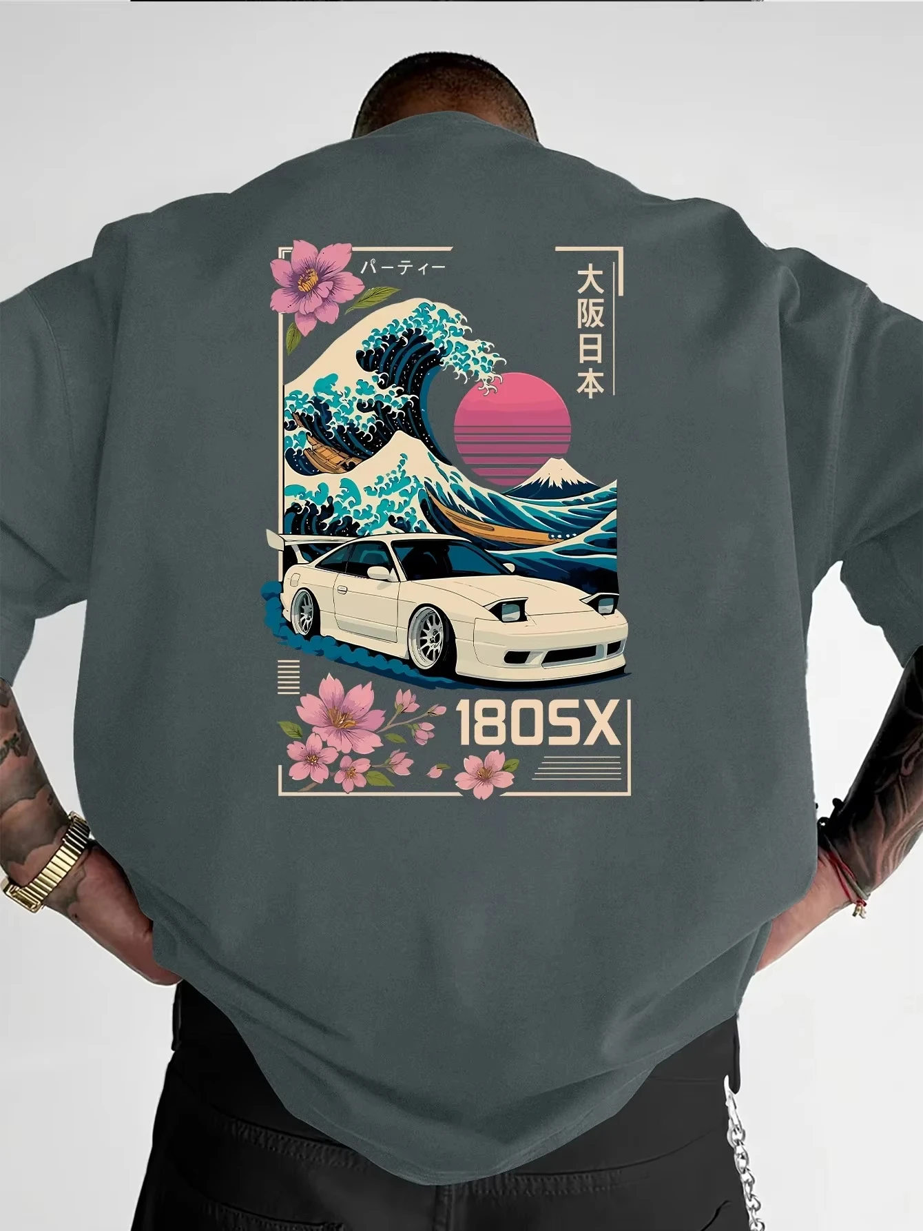 Neues Herren-Kurzarm-T-Shirt mit japanischem Ukiyo-e JDM-Autokultur-Trend-Print, lässige Streetwear, vielseitig einsetzbar – Detail 5