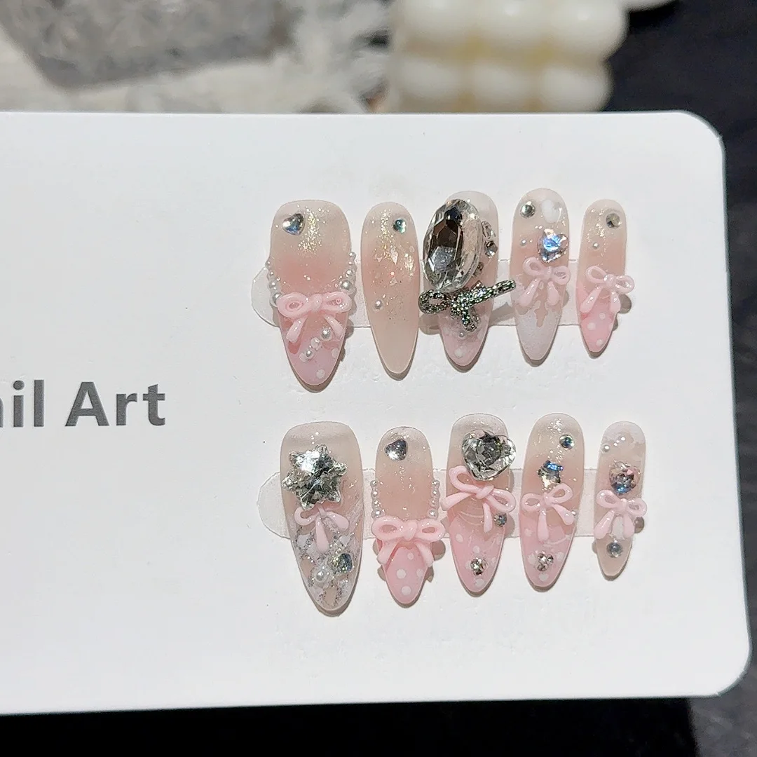 

10pcs Handmade French Almond Press on nails Sweet Cute Pink Bow Pearl Design Fake Nail Tips Wearable Ins Spice Girls False Nails