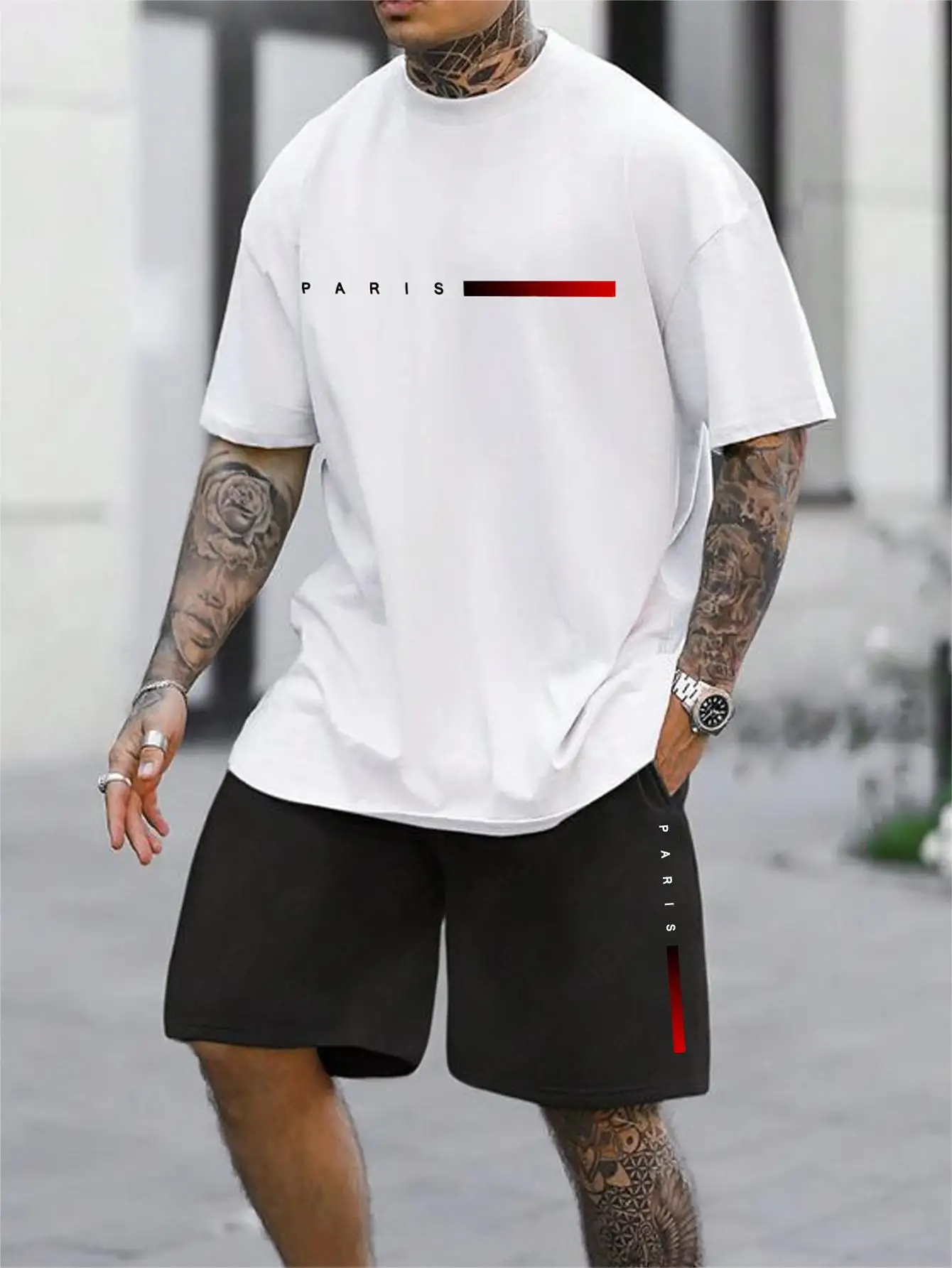 Short-sleeved shorts summer suit men\'s T-shirt trend printing round neck men\'s suit with gangster handsome sports two-piece suit