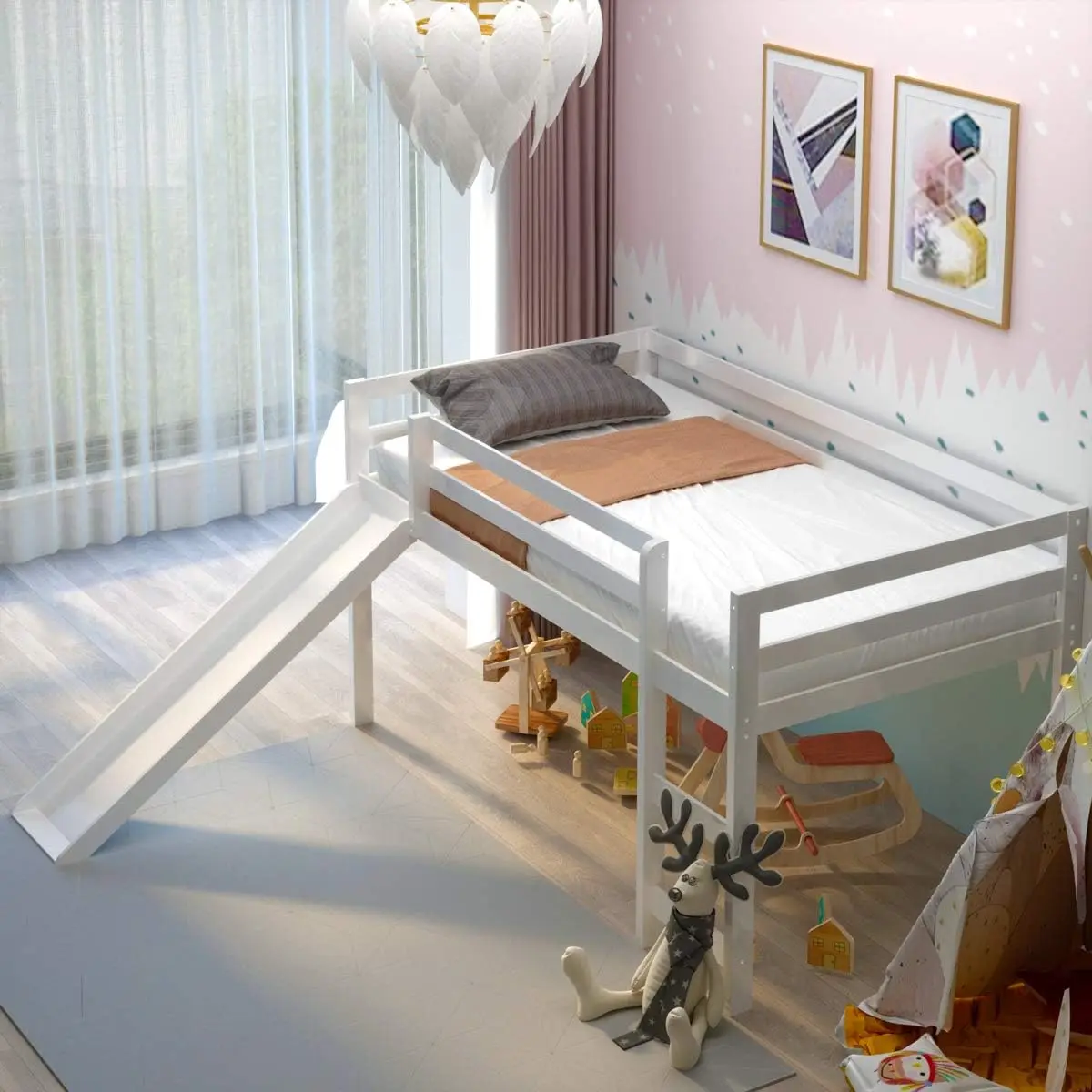 

Двухъярусная кровать в стиле лофт, массив дерева с горкой, лестницей, направляющей и ящиком для хранения вещей, белый