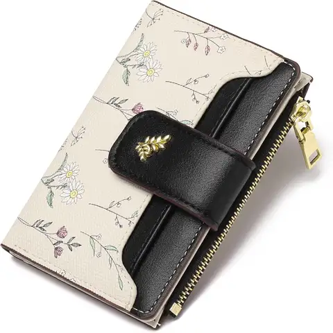 Small Wallets for Women Leather foldable Zipper Pocket Wallet Cute Flower Credit Card Holder Coin Purse with ID Window