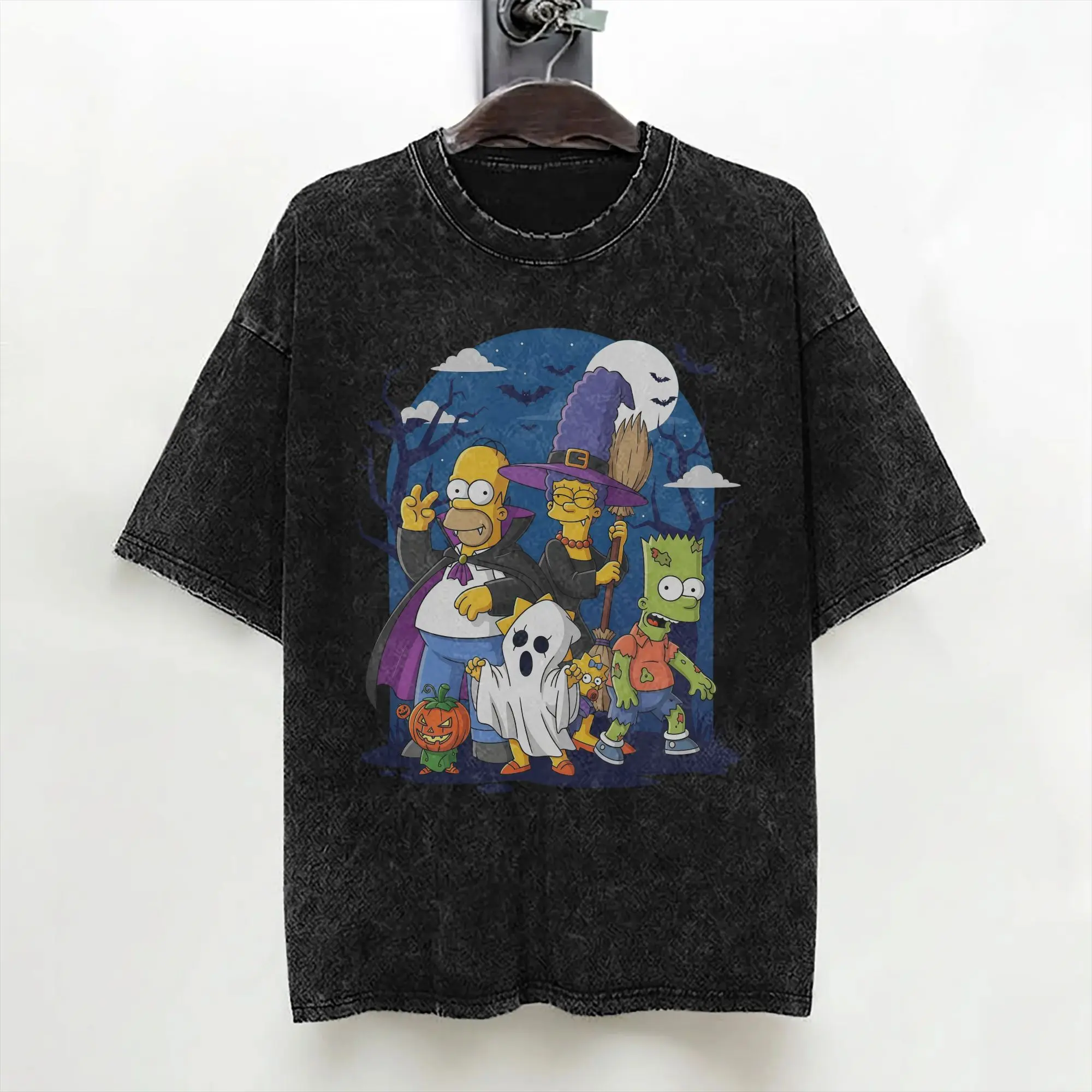Cartoon S-Simpsons Halloween T Shirts Washed Cotton Harajuku T-Shirt  Cool for Men Women Streetwear Printed Tees