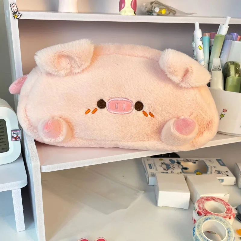 Pink Piggy Pencil Storage Bag Cartoon Animal Plush Pen Bag Pen Case Multifunction Large Capacity Stationery Pouch Makeup Bag