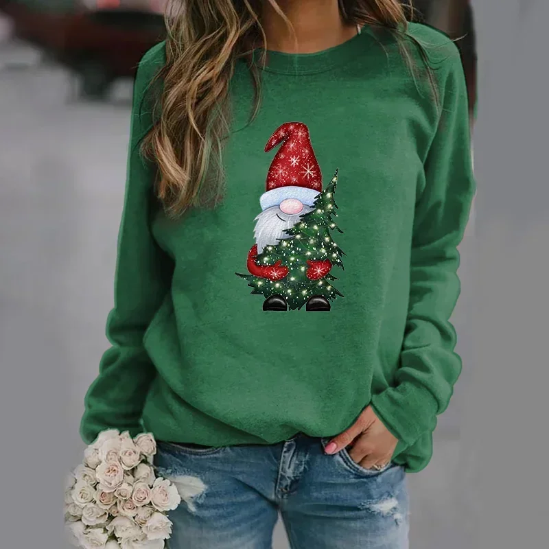 New Cute Christmas Gnomes Embrace Christmas Tree Pattern Printed Crew Neck Pullover Funny Gnomes Long Sleeve Sweater for Women