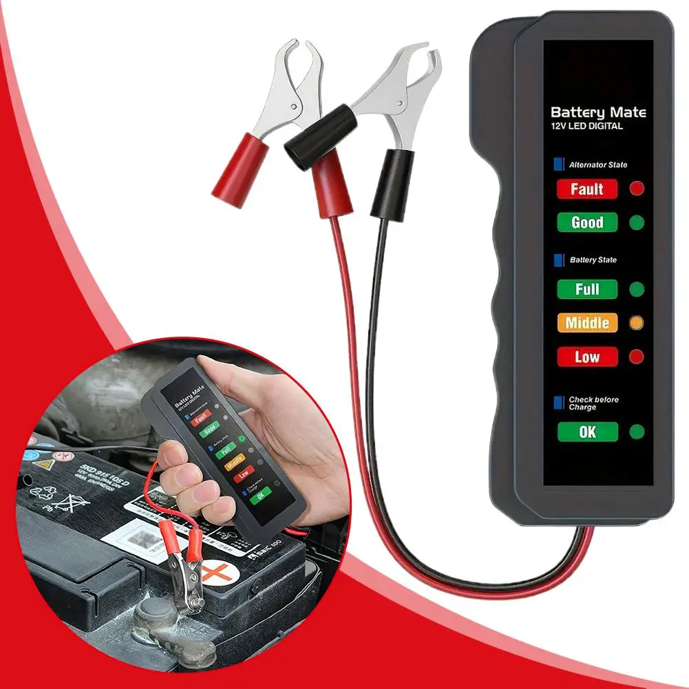 12V Car Battery Tester 6 LED Indicator Auto Alternator Charging System Analyzer Portable Vehicle Battery Voltage Checker