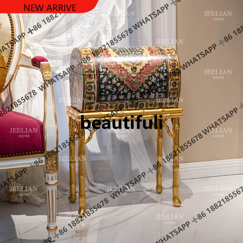 D178 French retro solid wood painted imitation bamboo joint decorative box gold decorative cabinet living room