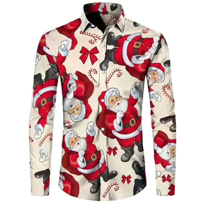 3D Printed Santa Claus Horse Hawaiian Shirts Men Christmas Decorations Pattern Aloha Shirts Loose Long Sleeve Lapel Tops Blouse