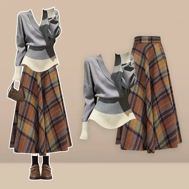Pull en tricot Vintage + jupe à carreaux taille haute pour femme, costume deux pièces, robe élégante coréenne, ensemble assorti, nouvelle mode printemps automne