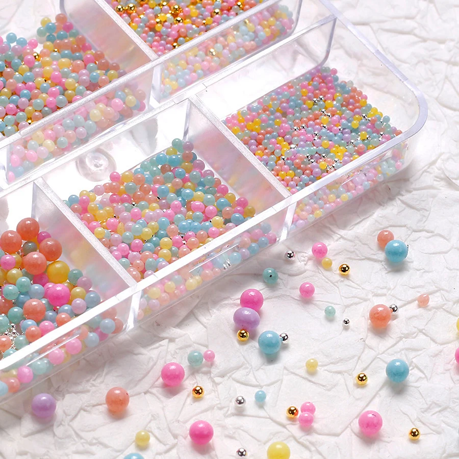 6 Grid Macaron Bubble Beads Nail Art Decoration, Mixed 3D Candy Colors Nail Caviar Bead Manicure Accessories