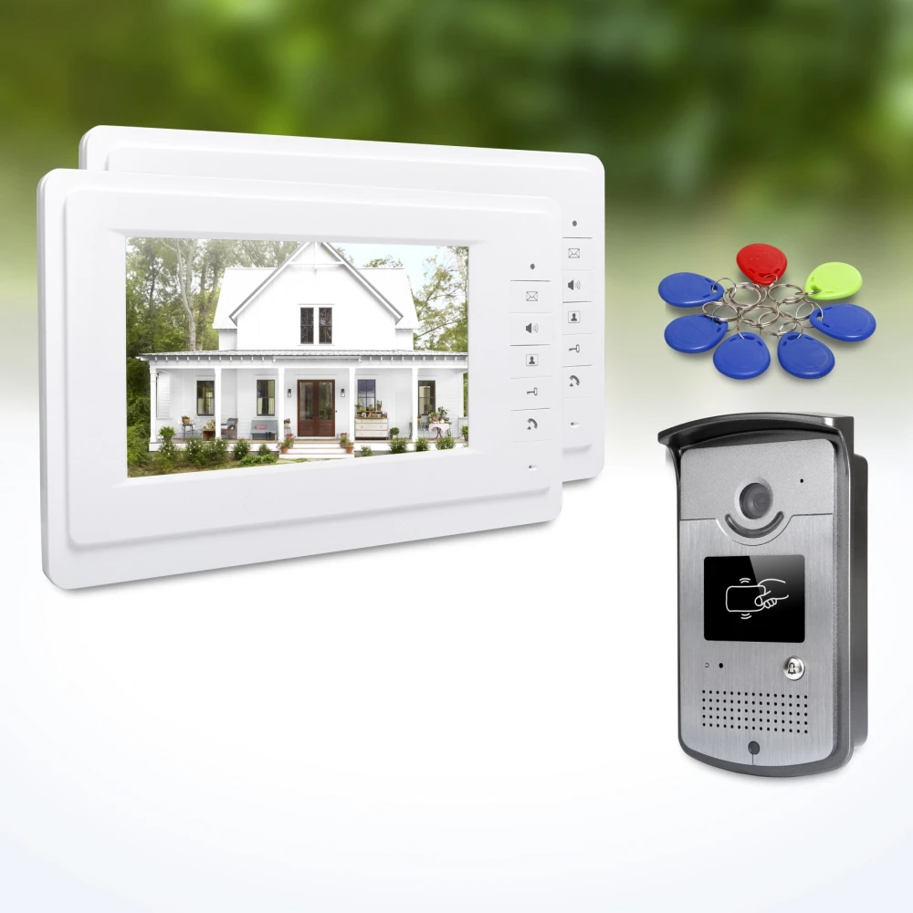 1 Outdoor Camera 2 Indoor Monitors 7" Video Doorphone Intercom Keyfobs RFID Unlock Mute Mode Wired Home Security System Kit