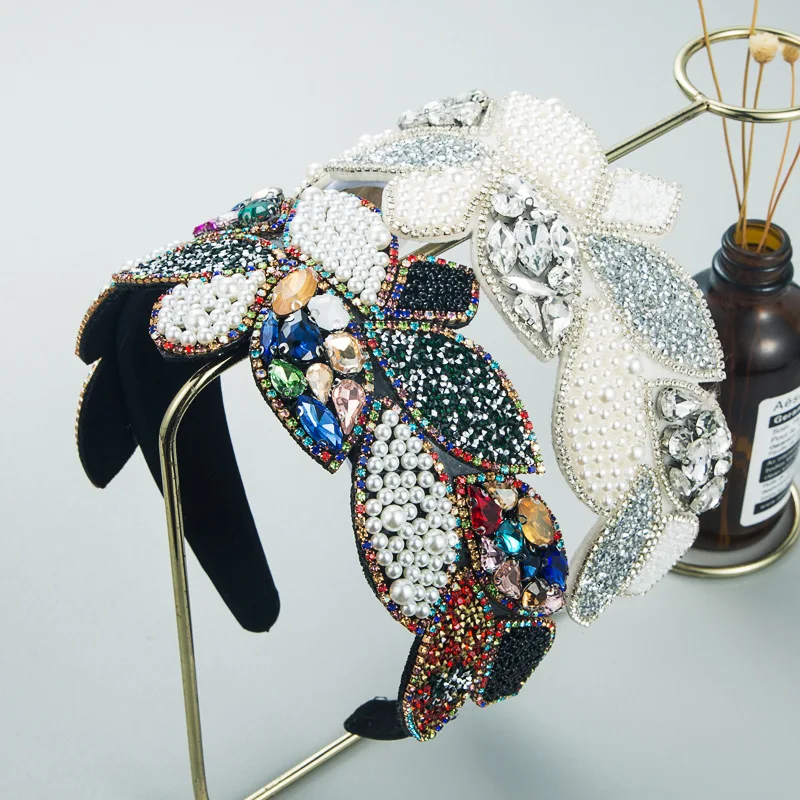 

Vintage Exaggerated Style Set With Rhinestones Pearls Baroque Headband for Women Wide-brimmed Hairband Hair Accessories