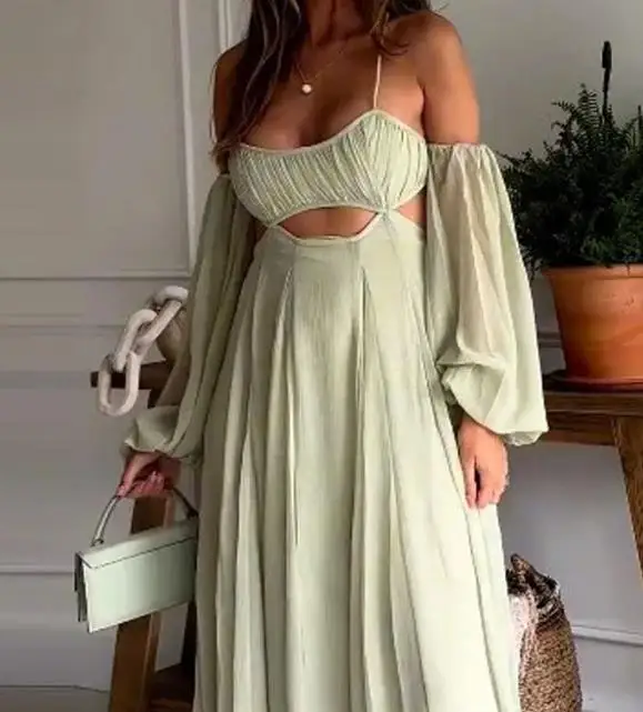 

Hollow Out Sexy Long Sleeved Open Back Loose Dress Summer Dresses for Women 2026 New Casual Fashion Straps Beach Vacation