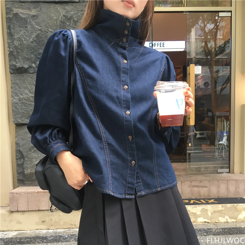 Cotton Denim Shirt 2023 New Design Temperament Women Blouses Office Lady Blue Jeans Turtleneck Top Single-Breasted Button Shirts