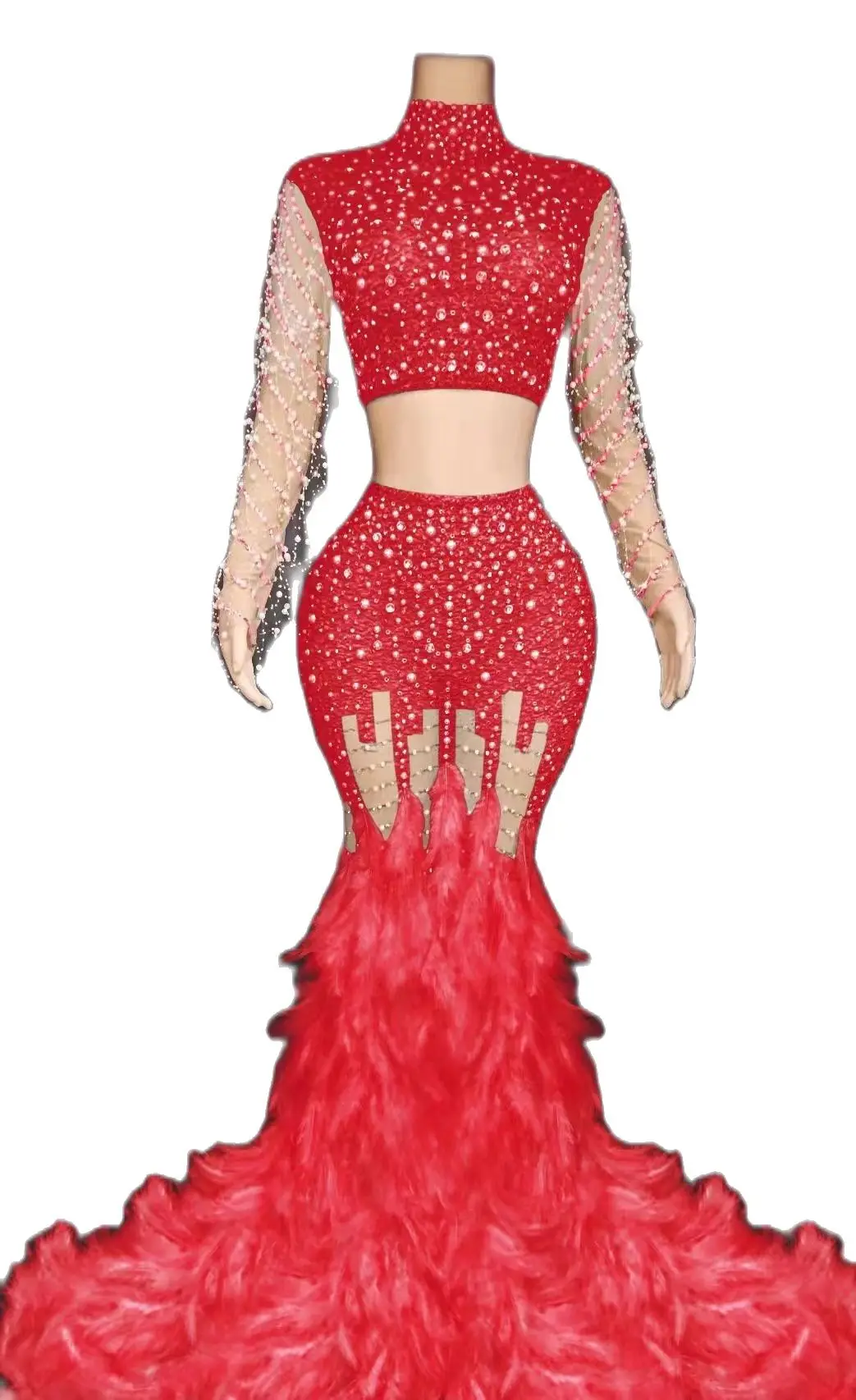 Robe de soirée en plumes pour femmes, paillettes, Drag Queen, Costume de spectacle, de Festival, d'anniversaire, 2 pièces