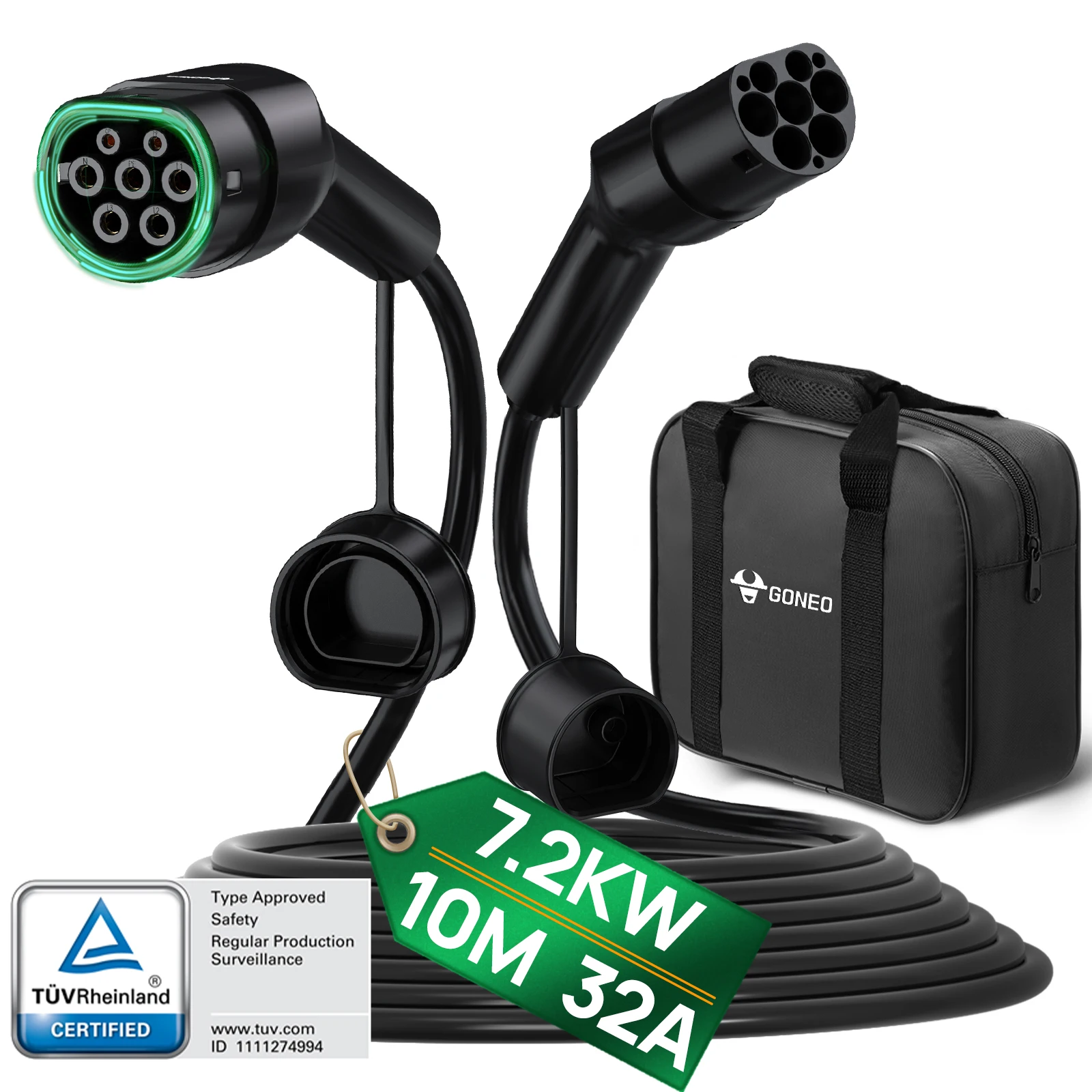 GONEO EV oplaadkabel Type 2,3 fase 22 kW/11 kW/7 kW, IP54 waterdicht, PA66/TPU, 5/7/10 m lengtes voor snel opladen EV/PHEV Model S/3/X/Y