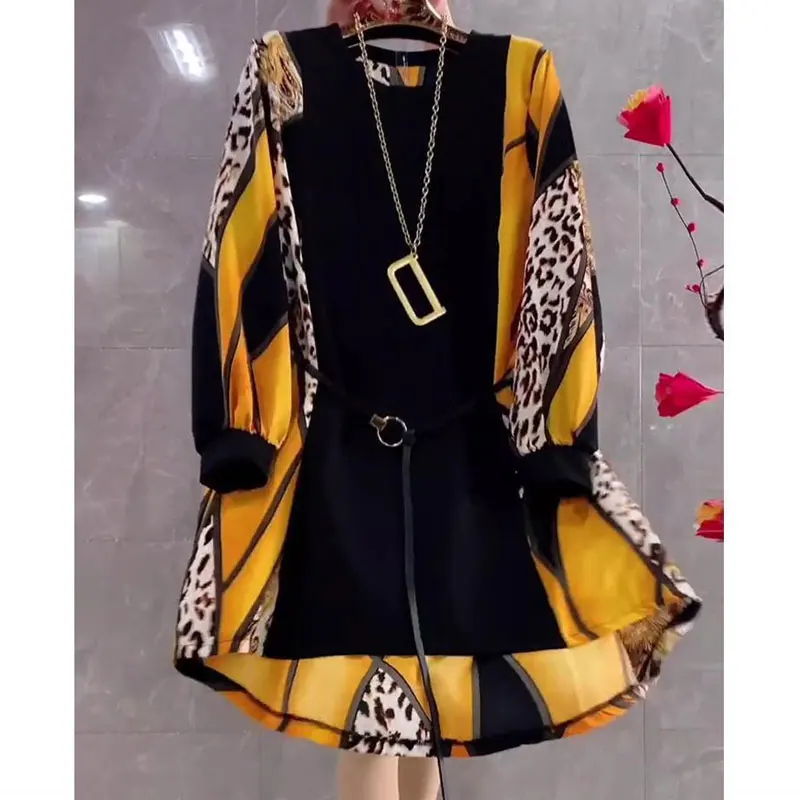 Leopard Print Spliced Casual Long Sleeve Dress Women\'s Clothing Vintage Fashion Korean Round Neck Chiffon Belt Dresses Female