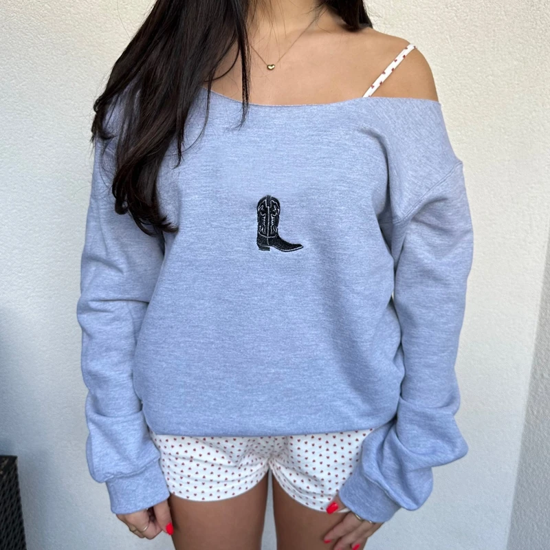 Embroidery Off Shoulder Long Sleeve Pullovers Fall Casual Baggy Tops Women's Loose Sweatshirts Y2k Vintage O Neck Hoodies