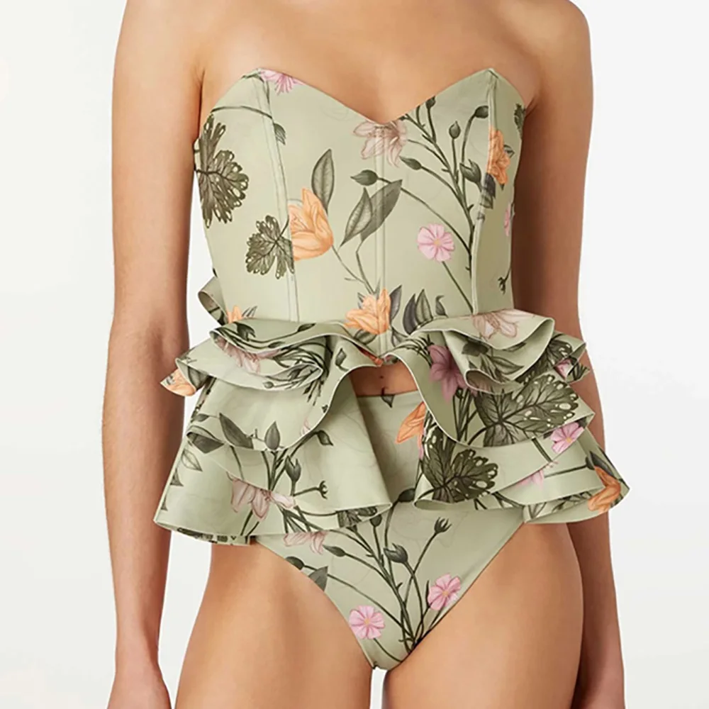 Ruffled Floral Print Split Swimsuit Bikini 2023 Woman Feminino Beach Wear Designer Fashion Pieces for Elegance Luxury Slim Fit