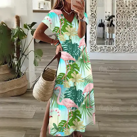 Hawaii Style Flamingo Print Dresses For Women's Long Dresses Plus Size Female Elegant Dresses Summer Women's Clothing Cheap