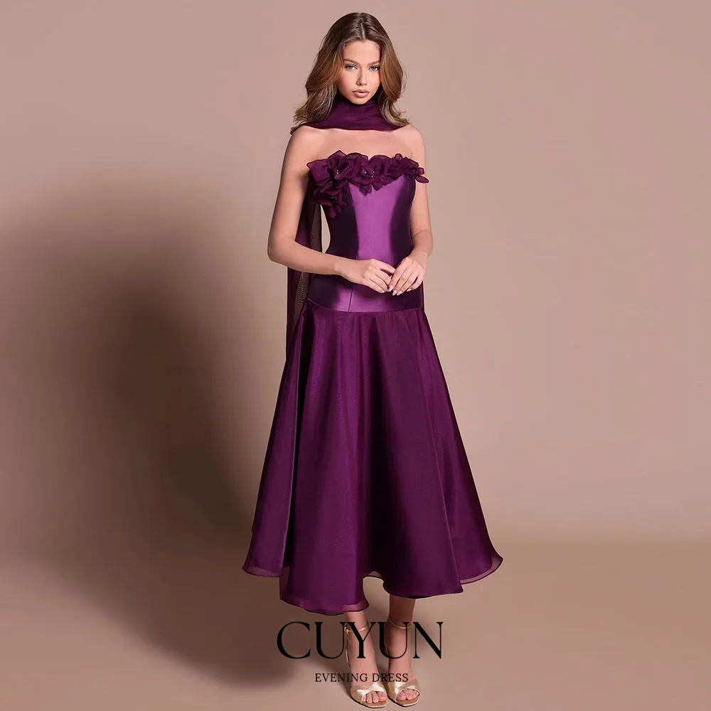 

CUYUN Customized Tea-length Purple Prom Dresses 2026 3D Flowers Strapless Satin and Silk Organza Formal Dinner Party Dresses