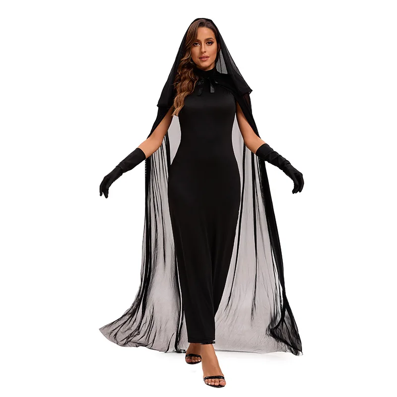 Halloween Vampire Witch Dress Costume Women Ghost Witch with Cape Mesh Cape Masquerade Performance Party Stage Costume