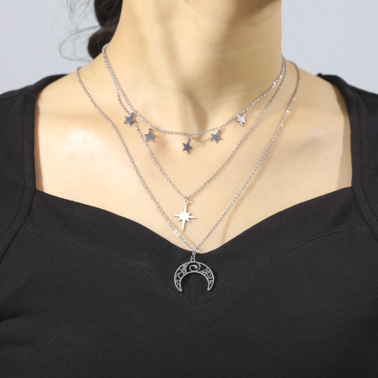 

KKjoy Star Moon Spark Pendant Necklace for Women Silver Color Stainless Steel Three-Layer Chains Elegant Jewelry Accessories