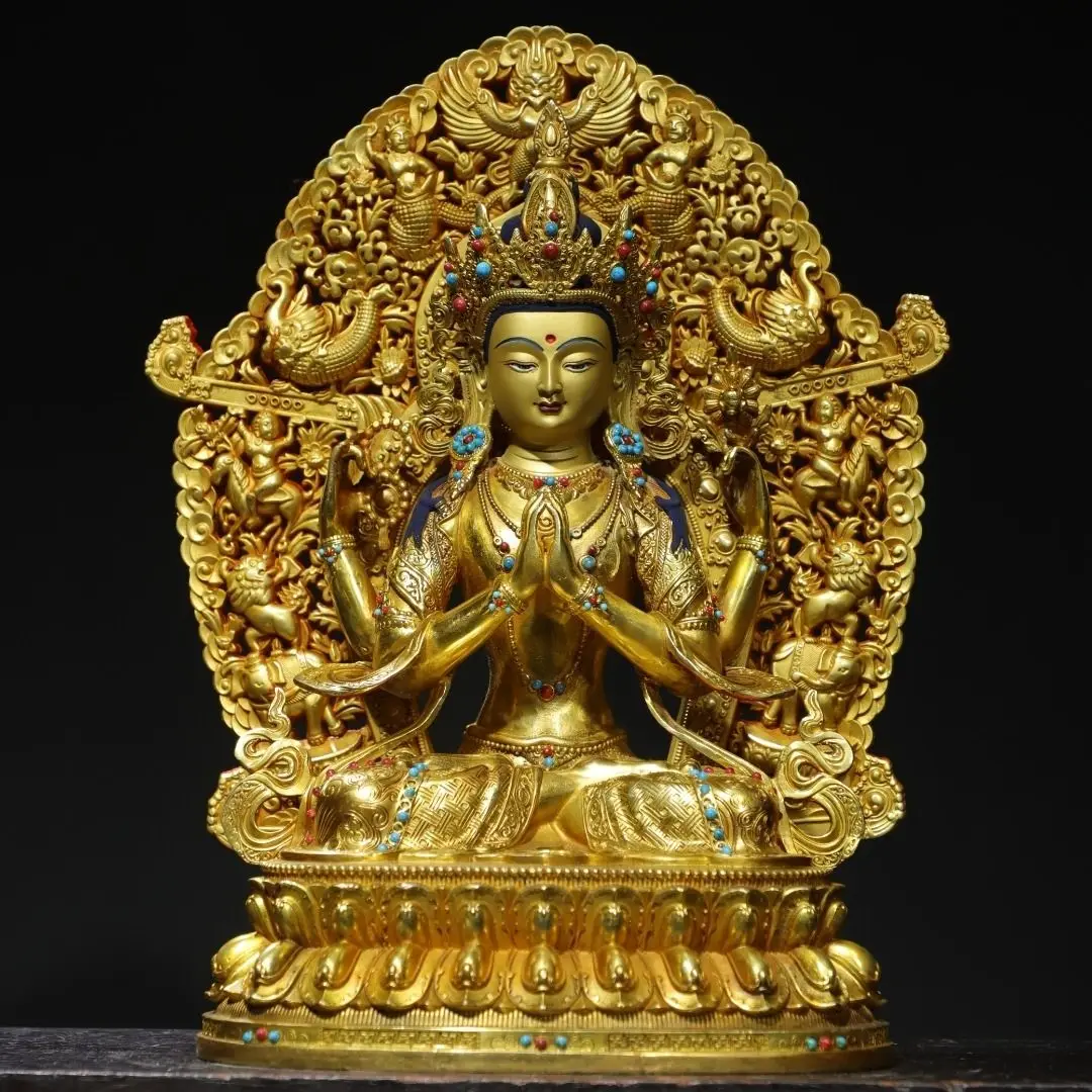 Copper gilt backlit painting, four-arm Guanyin height 33 cm wide 27 cm thick 14 cm weight 3 kg
