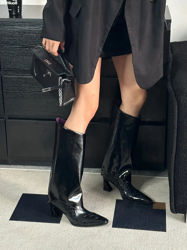 Gothic New Designer Women Genuine Leather Knee High Boots Pointed Toe Slip On High Heels Stage Show Boots Black High Top Shoes