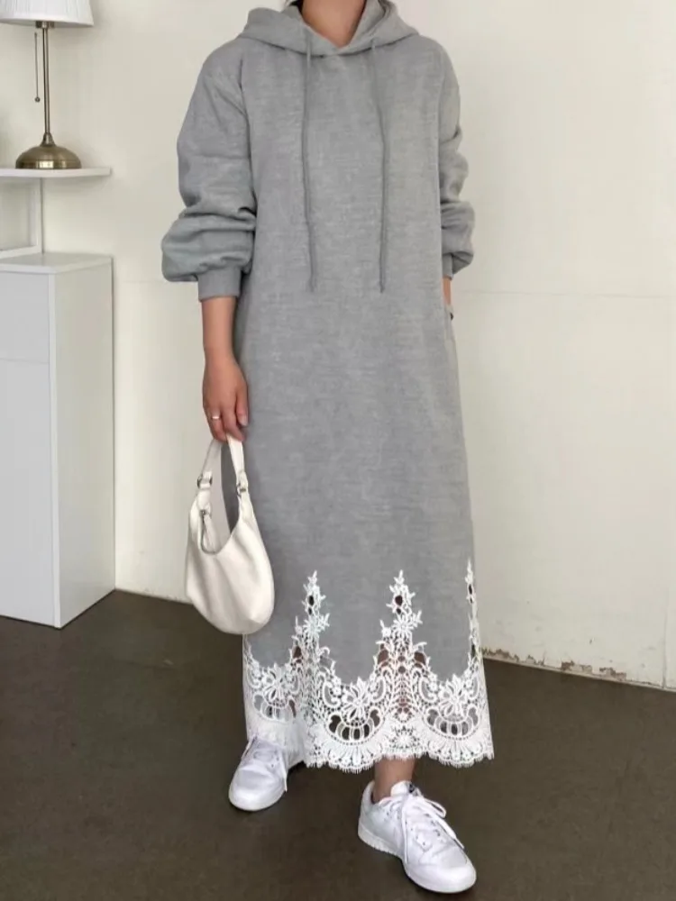 

Женская свободная толстовка с кружевными вставками и цветочным узором, прямая длинная юбка, осенне-зимняя новинка, стильная повседневная одежда