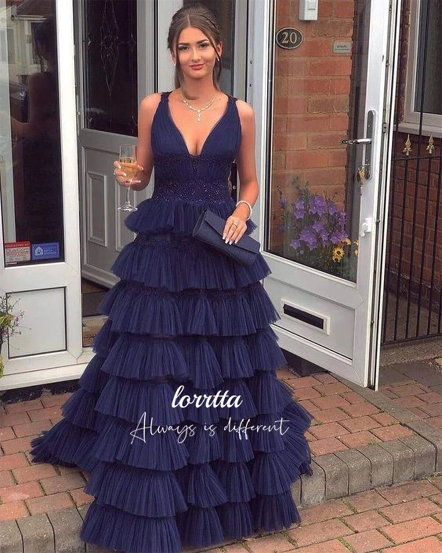 

Lorrtta Navy Blue Cocktail Dress Mesh Layered V-neck Line A Graduation Gown Ball Wedding Party Evening Dresses Woman Elegant